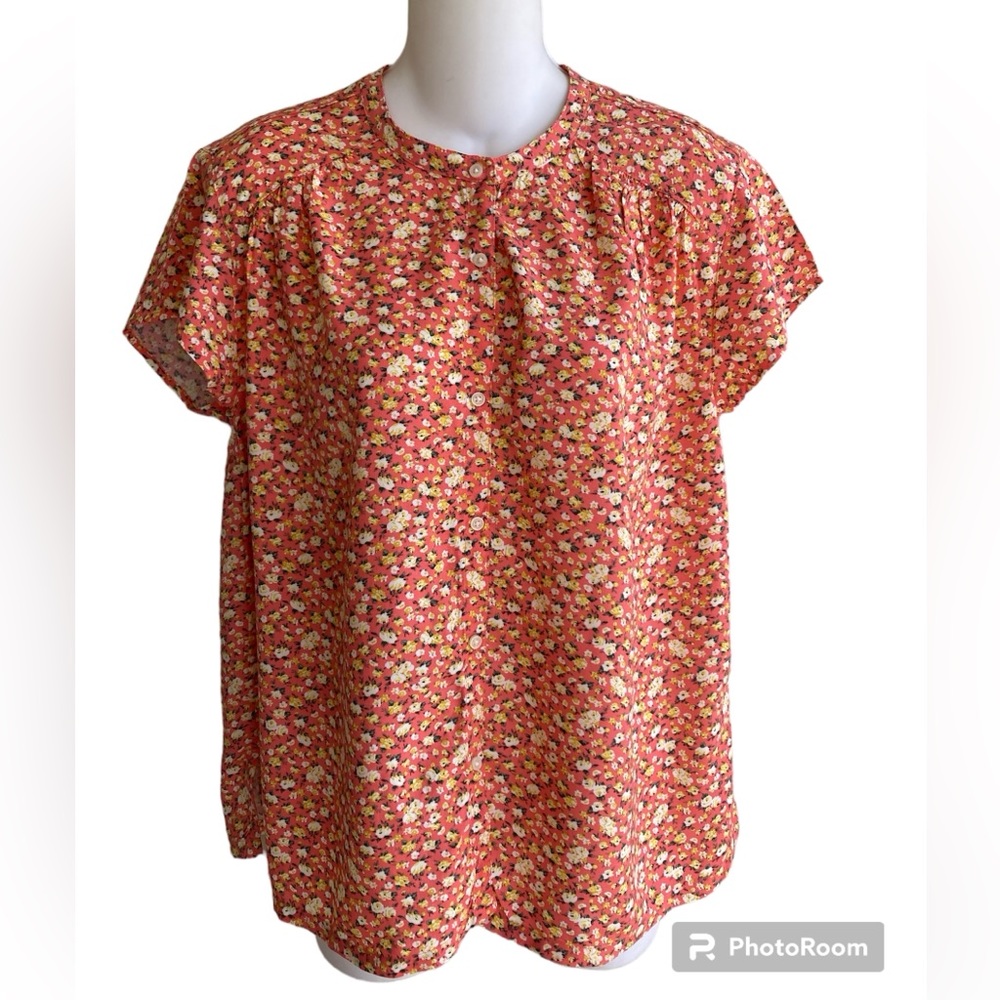 Old Navy Button Up Bouse Shirt Cap Sleeve Orange Yellow Flora Size XS New
